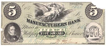 1862 $5 MACON GA MANUFACTURERS BANK OBSOLETE NOTE