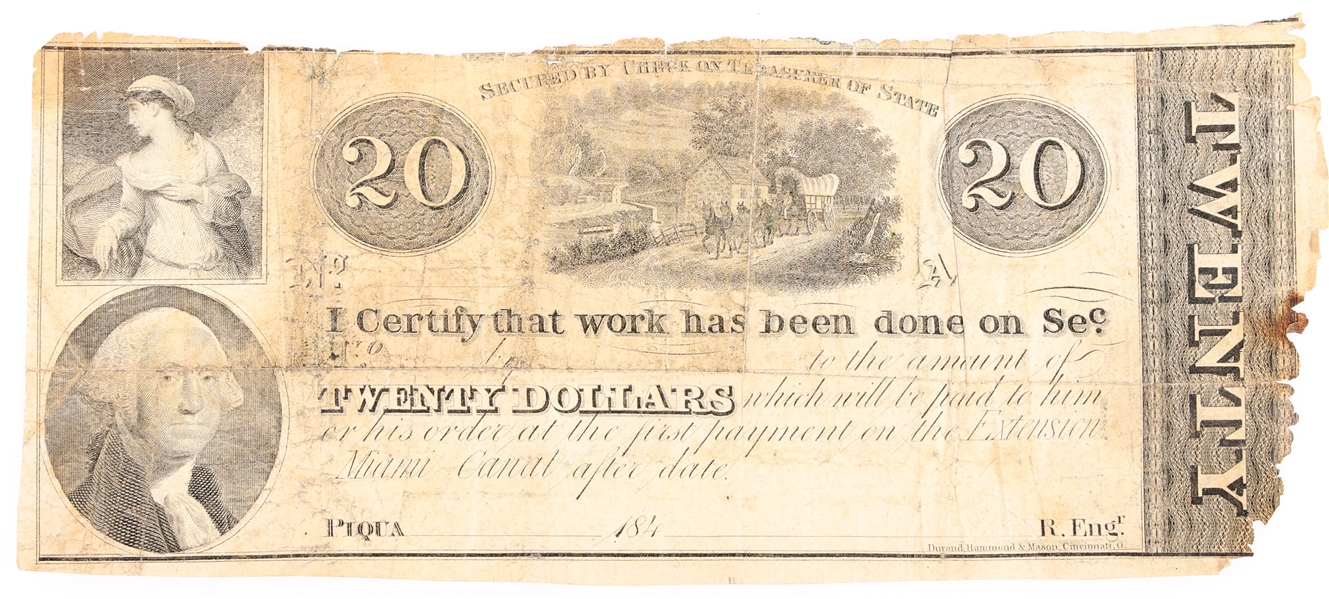 1840s $20 PIQUA OHIO MIAMI CANAL EXTENSION PAY VOUCHER