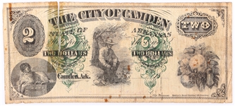 1800s $2 ARKANSAS CITY OF CAMDEN OBSOLETE BANKNOTE