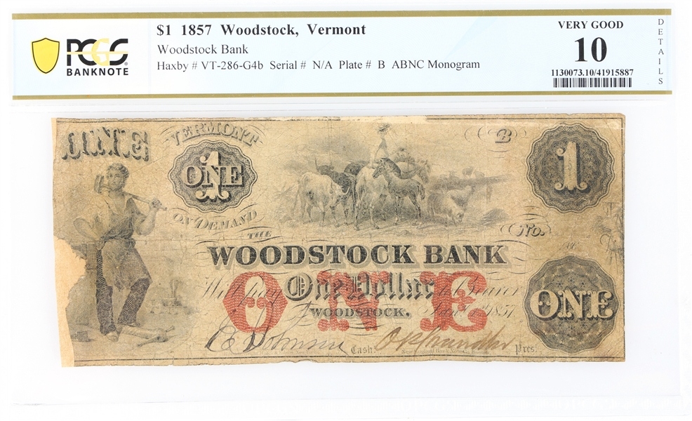 1857 $1 VERMONT WOODSTOCK BANK OBSOLETE NOTE PCGS VG10