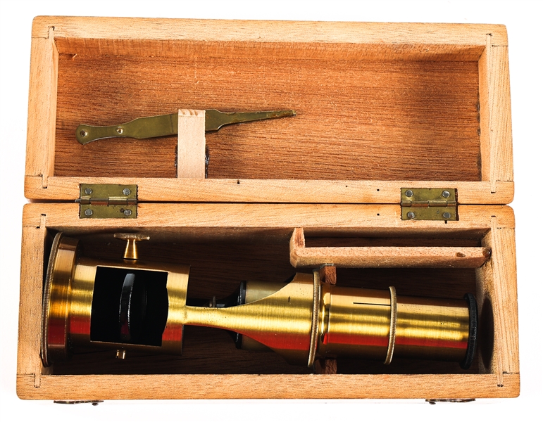 BRASS BARREL FIELD MICROSCOPE WITH WOODEN BOX