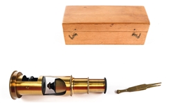 BRASS BARREL FIELD MICROSCOPE WITH WOODEN BOX