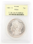 1881-S US SILVER MORGAN DOLLAR COIN PCGS MS64 OGH