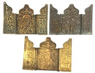 19th C. RUSSIAN ORTHODOX BRASS TRIPTYCH ICONS