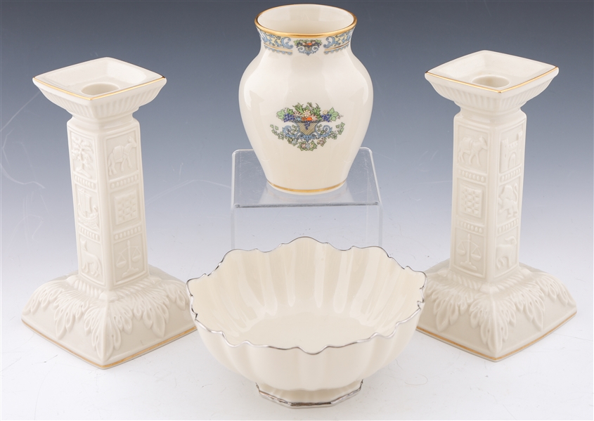 LENOX PORCELAIN CHINA - CANDY DISH, CANDLESTICKS & VASE