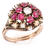 VICTORIAN 14K YELLOW GOLD RUBY & DIAMOND COCKTAIL RING