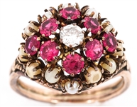 VICTORIAN 14K YELLOW GOLD RUBY & DIAMOND COCKTAIL RING