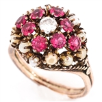 VICTORIAN 14K YELLOW GOLD RUBY & DIAMOND COCKTAIL RING
