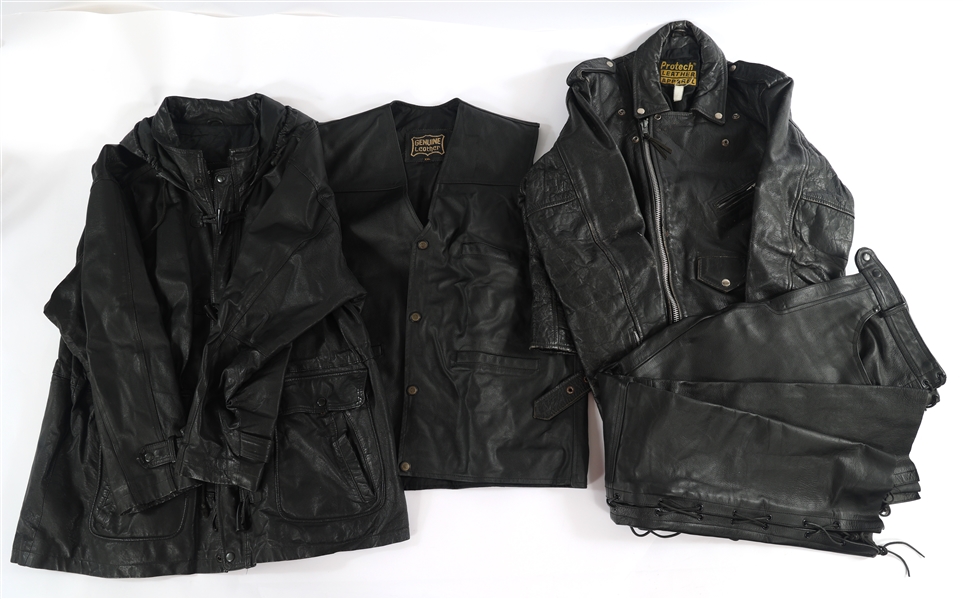 MENS BLACK LEATHER JACKETS, VEST, & PANTS