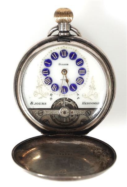 HEBDOMAS 8 DAY .925 SILVER CASE POCKET WATCH