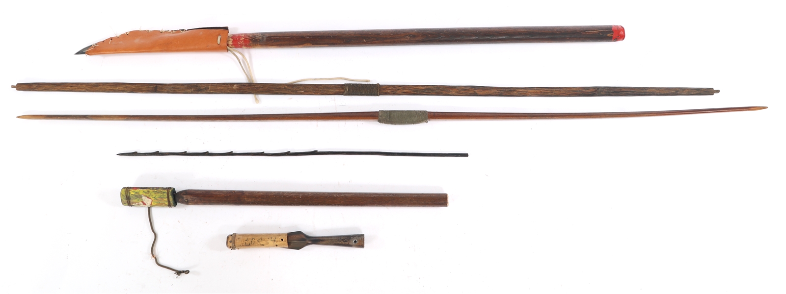 BOWS, ARROW, SPEAR HEAD, AND SPEARS - LOT OF 6