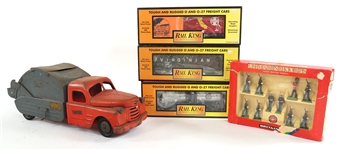 MODEL TRAIN CARS, BRITAINS FIGURINES, & TIN DUMP TRUCK