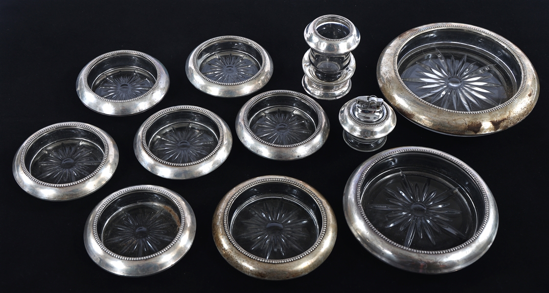 WHITING STERLING COASTERS, CANDLE HOLDER, & LIGHTER