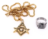 MASONIC COSTUME JEWELRY NECKLACE AND RING