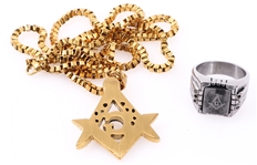 MASONIC COSTUME JEWELRY NECKLACE AND RING