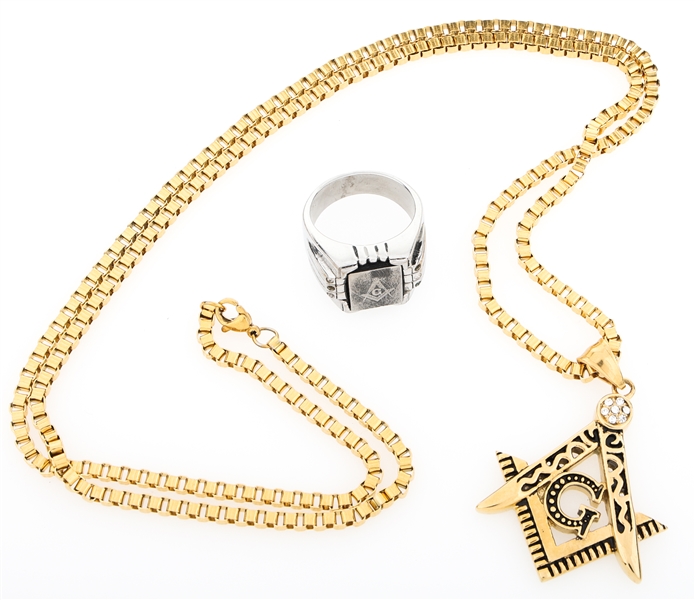 MASONIC COSTUME JEWELRY NECKLACE AND RING