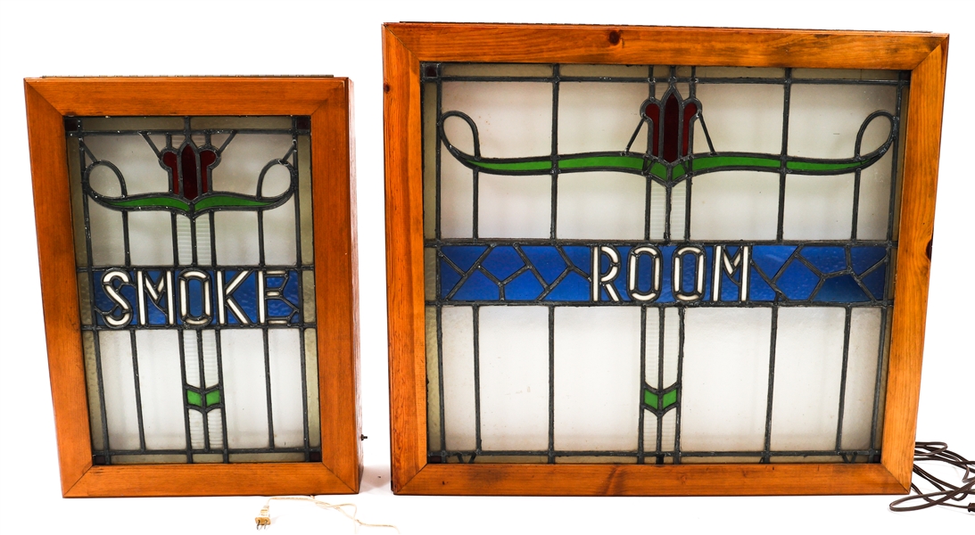 ELECTRIFIED STAINED GLASS SMOKE ROOM SIGNS - LOT OF 2