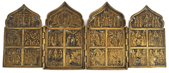19th C. RUSSIAN ORTHODOX BRASS & ENAMEL QUADRIPTYCH