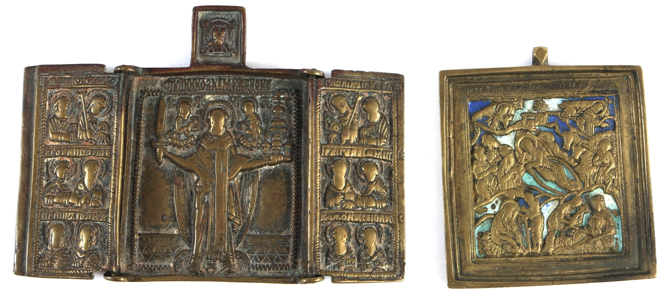 19th C. RUSSIAN ORTHODOX BRASS & ENAMEL ICONS