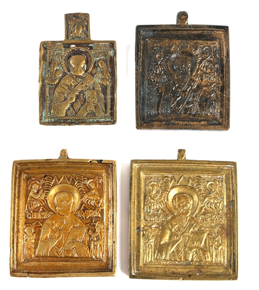 19th C. RUSSIAN ORTHODOX BRASS ST. NICHOLAS ICONS