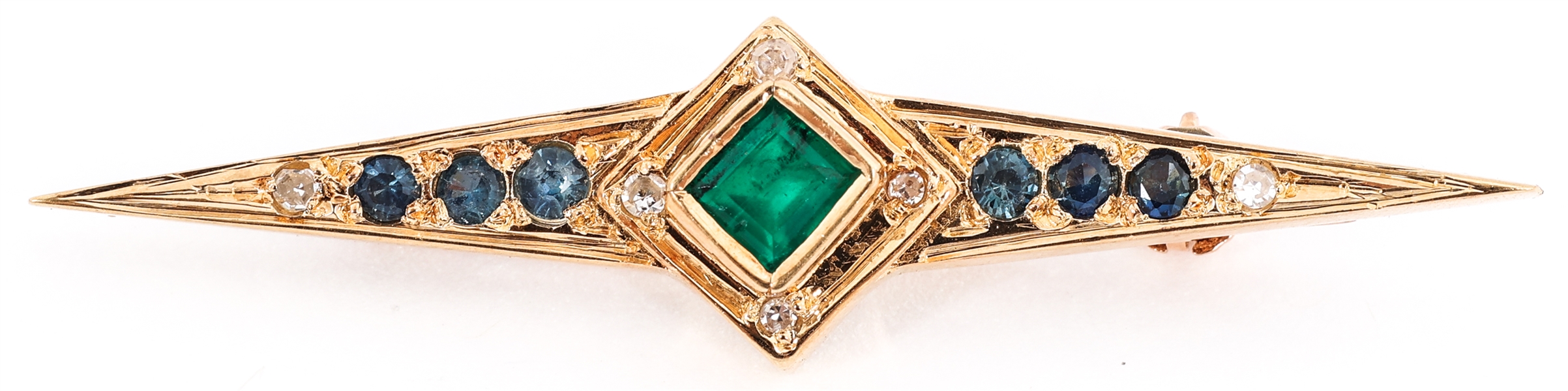 14K YELLOW GOLD EMERALD, DIAMOND & TOPAZ BROOCH