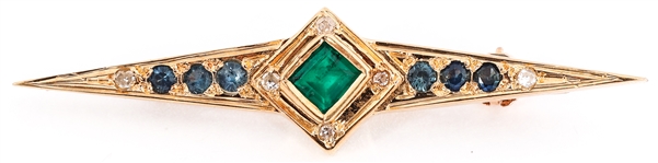 14K YELLOW GOLD EMERALD, DIAMOND & TOPAZ BROOCH