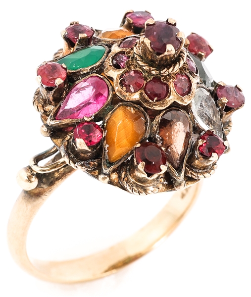 VICTORIAN 10K YELLOW GOLD RUBY & EMERALD COCKTAIL RING