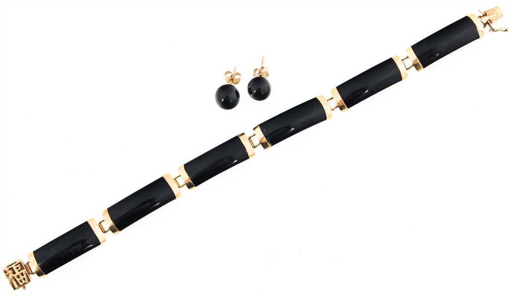14K YELLOW GOLD ONYX BRACELET & EARRINGS