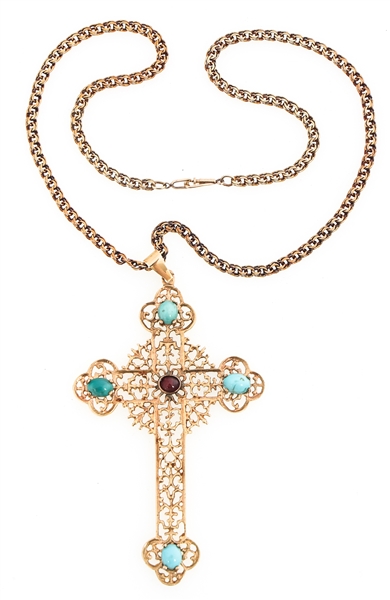 14K YELLOW GOLD OPENWORK CROSS PENDANT WITH CHAIN