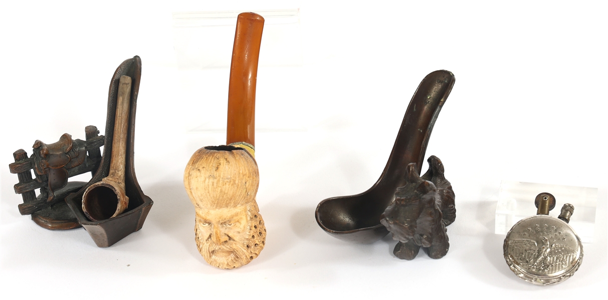 EARLY 20th C. BRONZE PIPE HOLDERS, PIPES, & LIGHTER