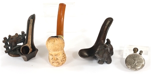 EARLY 20th C. BRONZE PIPE HOLDERS, PIPES, & LIGHTER