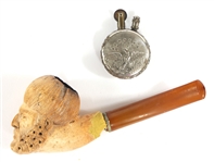 EARLY 20th C. BRONZE PIPE HOLDERS, PIPES, & LIGHTER