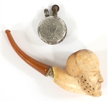 EARLY 20th C. BRONZE PIPE HOLDERS, PIPES, & LIGHTER