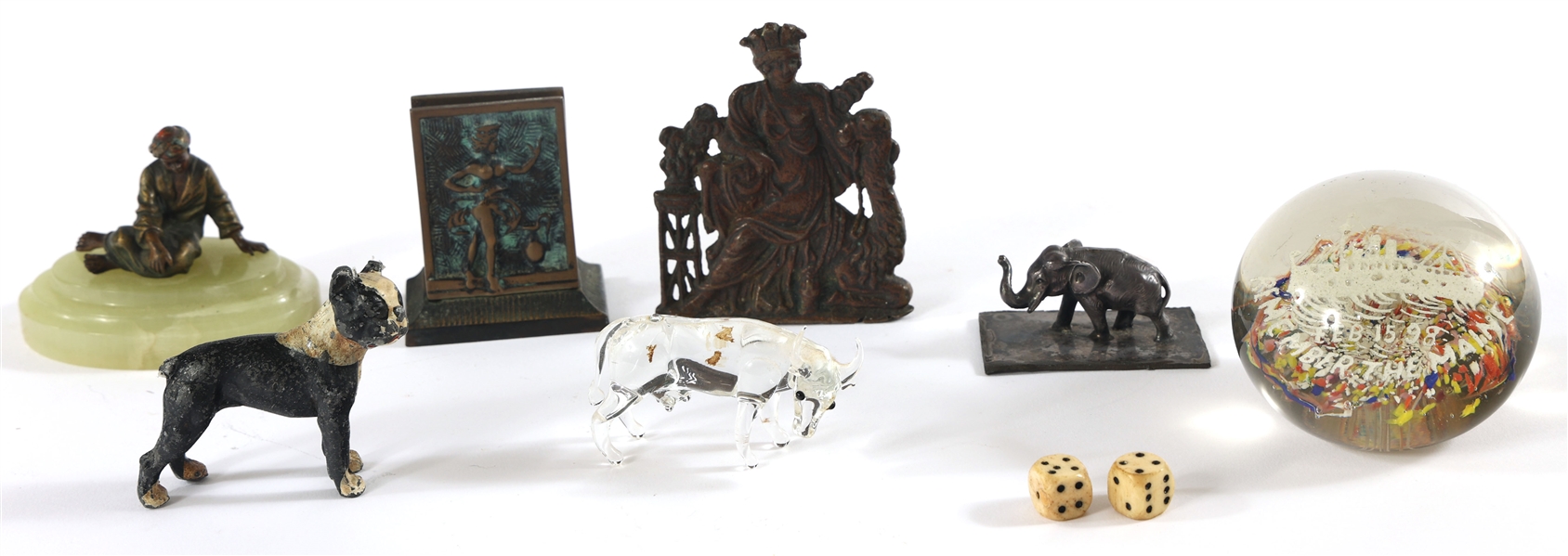 PAPERWEIGHTS, STATUETTES, CARVED BONE DICE, & PLAQUE