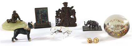 PAPERWEIGHTS, STATUETTES, CARVED BONE DICE, & PLAQUE