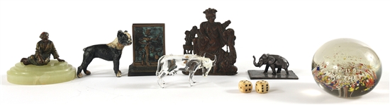 PAPERWEIGHTS, STATUETTES, CARVED BONE DICE, & PLAQUE