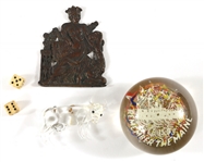 PAPERWEIGHTS, STATUETTES, CARVED BONE DICE, & PLAQUE
