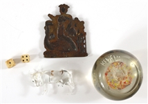 PAPERWEIGHTS, STATUETTES, CARVED BONE DICE, & PLAQUE