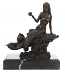 MERMAID HOLDING PEARL SIGNED BRONZE STATUE