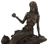 MERMAID HOLDING PEARL SIGNED BRONZE STATUE