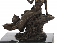 MERMAID HOLDING PEARL SIGNED BRONZE STATUE