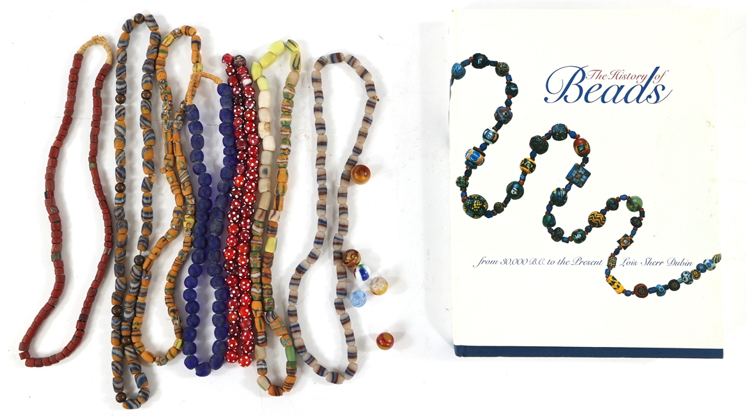 GLASS BEADED NECKLACES AND BOOK 