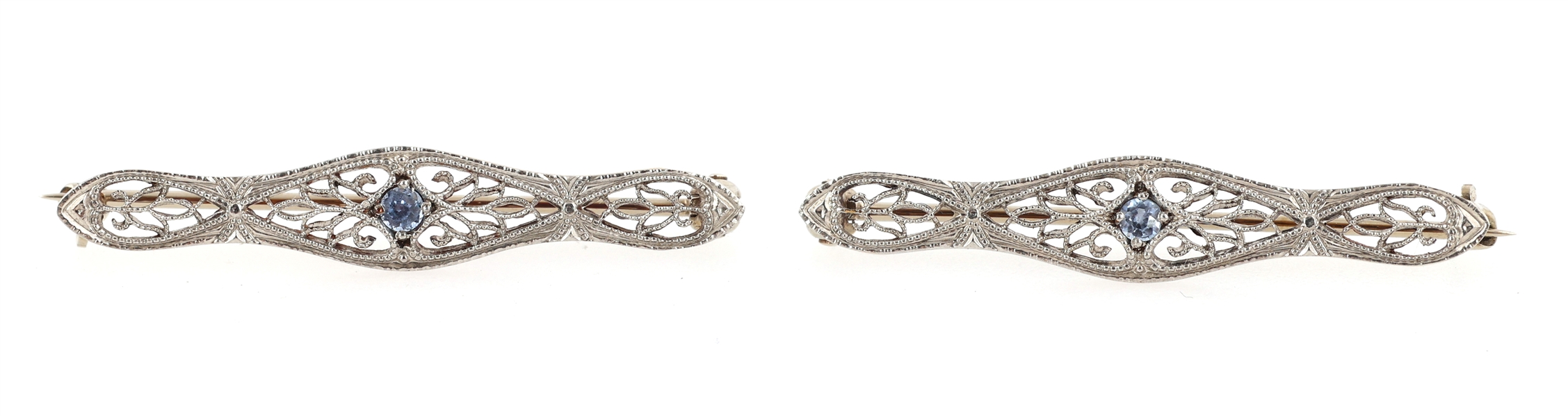 14K WHITE GOLD & BLUE TOPAZ FILIGREE LAPEL COLLAR PINS