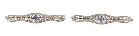 14K WHITE GOLD & BLUE TOPAZ FILIGREE LAPEL COLLAR PINS