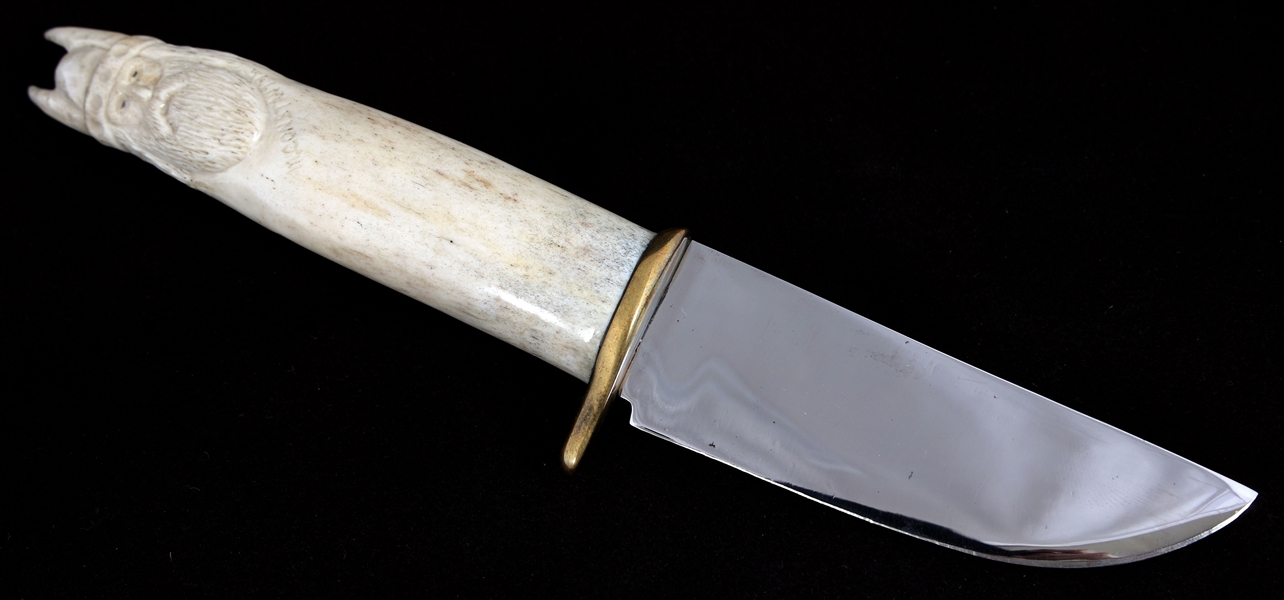 CARVED ANTLER VIKING HANDLE FIXED BLADE KNIFE & SHEATH