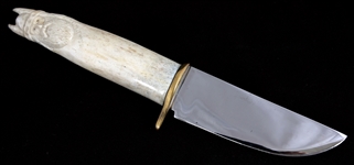 CARVED ANTLER VIKING HANDLE FIXED BLADE KNIFE & SHEATH