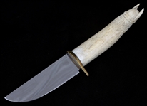 CARVED ANTLER VIKING HANDLE FIXED BLADE KNIFE & SHEATH