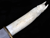 CARVED ANTLER VIKING HANDLE FIXED BLADE KNIFE & SHEATH