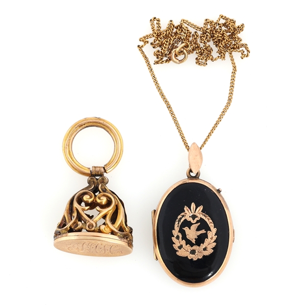 19th C. GOLD FILLED JEWELRY TINTYPE LOCKET & FOB