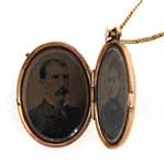 19th C. GOLD FILLED JEWELRY TINTYPE LOCKET & FOB